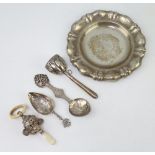 An Edwardian silver tortoiseshell and bone rattle/teether, Birmingham 1910, 2 Continental spoons,