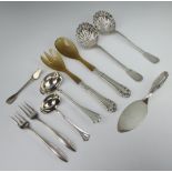 A pair of Continental sifter spoons with shell bowls, 2 sauce ladles, 2 forks, server and spoon
