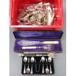 A silver plated fork and minor plated cutlery etc