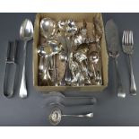 A pair of silver plated fish servers and other plated cutlery