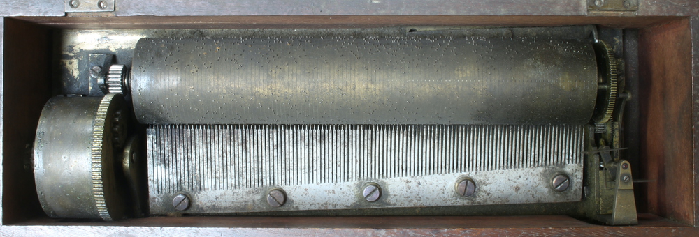 A Victorian cylinder musical box with 19 1/2 cylinder, base plate marked 3007, contained in a - Image 2 of 5