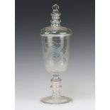 A 20th Century cut glass cup and cover decorated with The Royal Coat of Arms 33cm