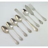 An Edwardian silver lily pattern teaspoon Birmingham 1908, 4 others, a butter knife, knife and fork