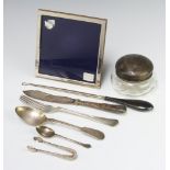 A 925 standard silver square frame mirror 14cm, lidded toilet jar and minor cutlery