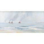 Gerald Parkinson (born 1926), oil on board, study of fishing vessels going to sea 45cm x 90cm