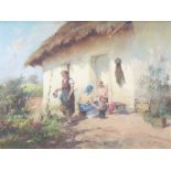 ACS Agoston (1889-1947), oil on canvas, study of figures standing before a cottage, signed to bottom