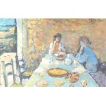 M D'Aguilar, impressionist oil on board, study of a seated dining couple, signed to top right M D'