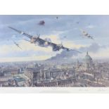 Anthony Saunders, coloured print "The Strike on Berlin" signed by Ken Tempest, Colin Bell and George