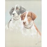 Fannie Moody, coloured print, study of two pointers 45cm x 35cm together with various press