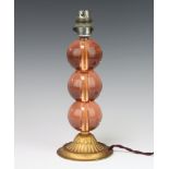 An Art Deco peach glass 3 tier bulbous table lamp with a gilt metal base 27cm There is a chip to the