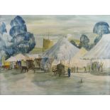 Clifford Frith, lithograph, fair scene with tents and figures 1946 70cm x 95cm