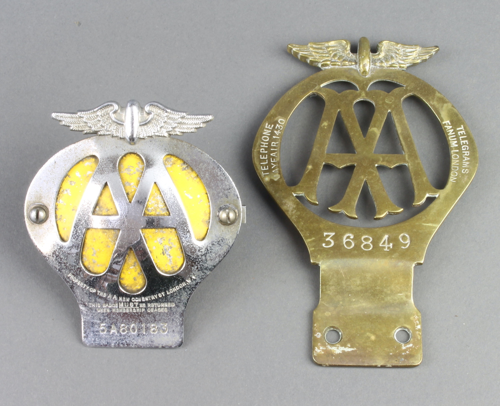 A pierced brass AA radiator badge no.36849 1906-1930 together with an AA beehive radiator badge