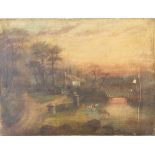 Victorian oil painting on canvas, study of a cottage with horses watering 46cm x 60cm Bearers are