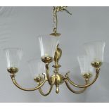 An Art Nouveau style gilt metal 5 light electrolier with etched glass shades 35cm h x 60cm diam.