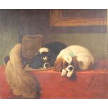 Oil on canvas, interior scene with 2 seated King Charles Spaniels by a feathered hat 49cm x 59cm
