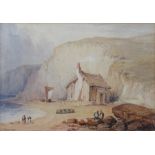 H Worsley, 19th Century watercolour signed, fisherfolk by a cliffside cottage 16cm x 23cm