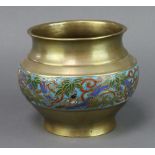 A Chinese polished bronze and cloisonne urn of squat form 14cm h x 13cm diam.
