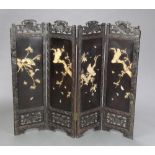 A Victorian ebonised and inlaid ivory 4 fold fire screen decorated birds amidst branches 95cm h x