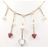 An 18ct yellow gold necklace with pearl, crystal and hardstone drops, gross weight 17.2 grams, 44cm