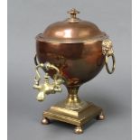 A Regency copper and brass tea urn with lion ring drop handles, raised on a square base with bun