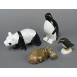 A hardstone figure of a standing penguin 17cm (foot a/f), ditto polar bear 10cm, ditto bird on an