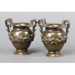 A pair of 19th Century Continental bronze twin handled urns with vinery decoration 10cm x 6cm