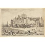18th Century etching, unsigned, Continental townscape with distant castle 18cm x 26cm
