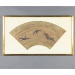 19th Century Japanese fan decorated herons, framed 26cm x 48cm, inscribed Iwa Enogu The fan is