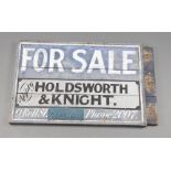 A 1920's wooden double sided For Sale sign for Holdsworth & Knight, marked Legg Writer 54cm h x 90cm
