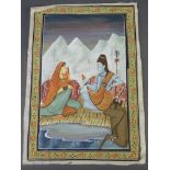 Indian, watercolour on silk depicting 2 seated ladies with an oxon in a winter setting, unframed