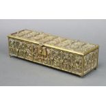 Adolph Frankan & Company, a rectangular medieval style brass casket decorated scenes of figures, the