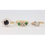Three 18ct yellow gold gem set rings, size M, M and O, 10 grams