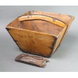 A square Eastern hardwood and metal mounted basket (split to bottom) 21cm h x 38cm w x 38cm d