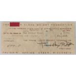 Frank Lloyd Wright, a signed cheque from the Frank Lloyd Wright Foundation, signed in ink to the