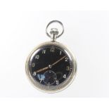 An Army issue metal cased pocket watch with seconds at 6 o'clock and black dial contained in a