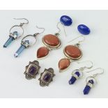 Five silver and hardstone earrings, gross 39 grams