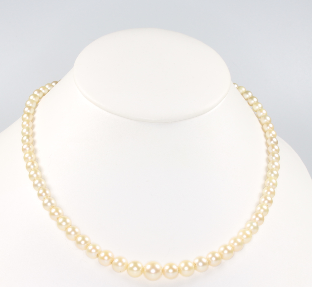 A string of cultured pearls with a 9ct yellow gold garnet and pearl clasp 42cm