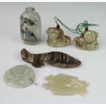 A modern jadeite carving of a shi shi 4cm, 1 other, together with 3 hardstone pendants and an