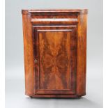 A 19th Century Continental walnut corner cabinet with moulded top above secret drawer and cupboard