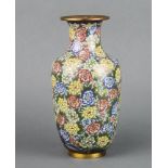 A floral patterned cloisonne enamel club shaped vase with flower head decoration 25cm h x 7cm diam.