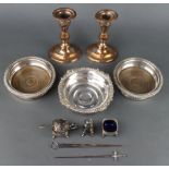 A pair of silver plated coasters with gadrooned rims 16cm, another coaster and minor plated wares