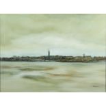 Ralph A Stephens '72, oil, distant Scottish town scape (Montrose) 45cm x 60cm