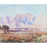 20th Century watercolour, indistinctly signed, South African mountainous landscape 46cm x 56cm