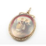 A 9ct yellow gold pendant set with seed pearls, now containing a painted porcelain plaque