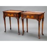 A pair of Georgian style figured walnut tray top side tables fitted 2 drawers, raised on club