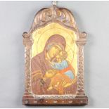 20th Century icon painted on wood, Madonna and child in a carved architectural frame 40cm x 26cm