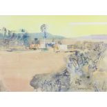 20th Century watercolour indistinctly signed, South African farmstead with water pump and distant