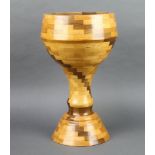 A turned parquetry pedestal jardiniere/bowl 45cm h x 24cm diam.