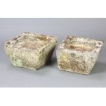 A pair of square stone well weathered garden planters 28cm h x 46cm w x 48cm d
