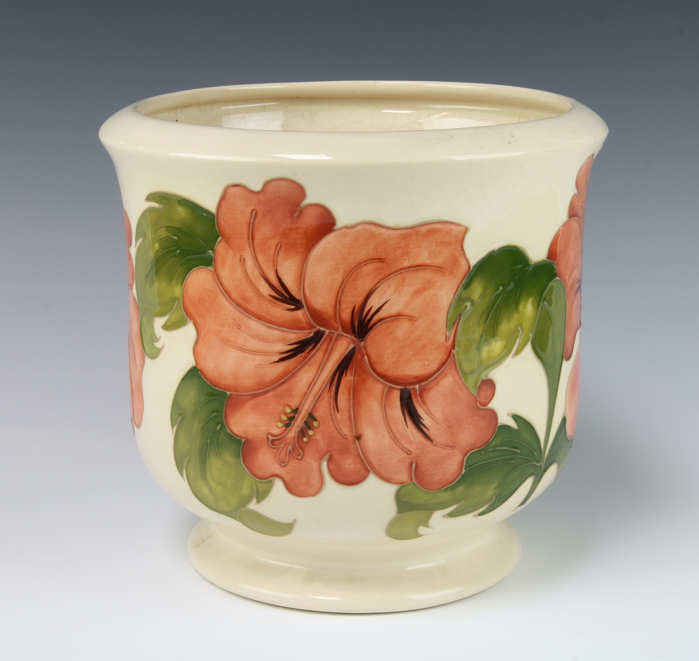 Moorcroft, a contemporary baluster jardiniere decorated the hibiscus pattern on a cream ground, 22cm